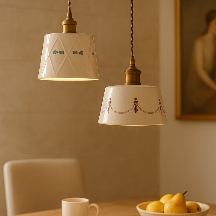 Elegant pendant light with classic Stornfield ceramic pattern