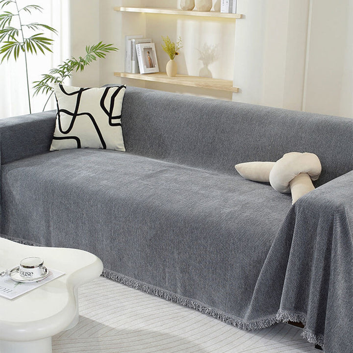 Stornfield | Herringbone Chenille Sofa Throw with Fringes