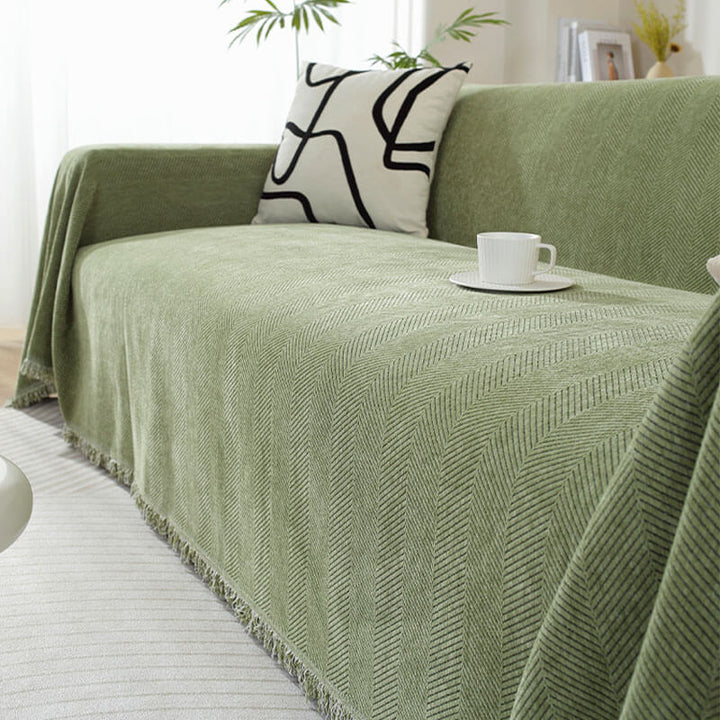 Stornfield | Herringbone Chenille Sofa Throw with Fringes