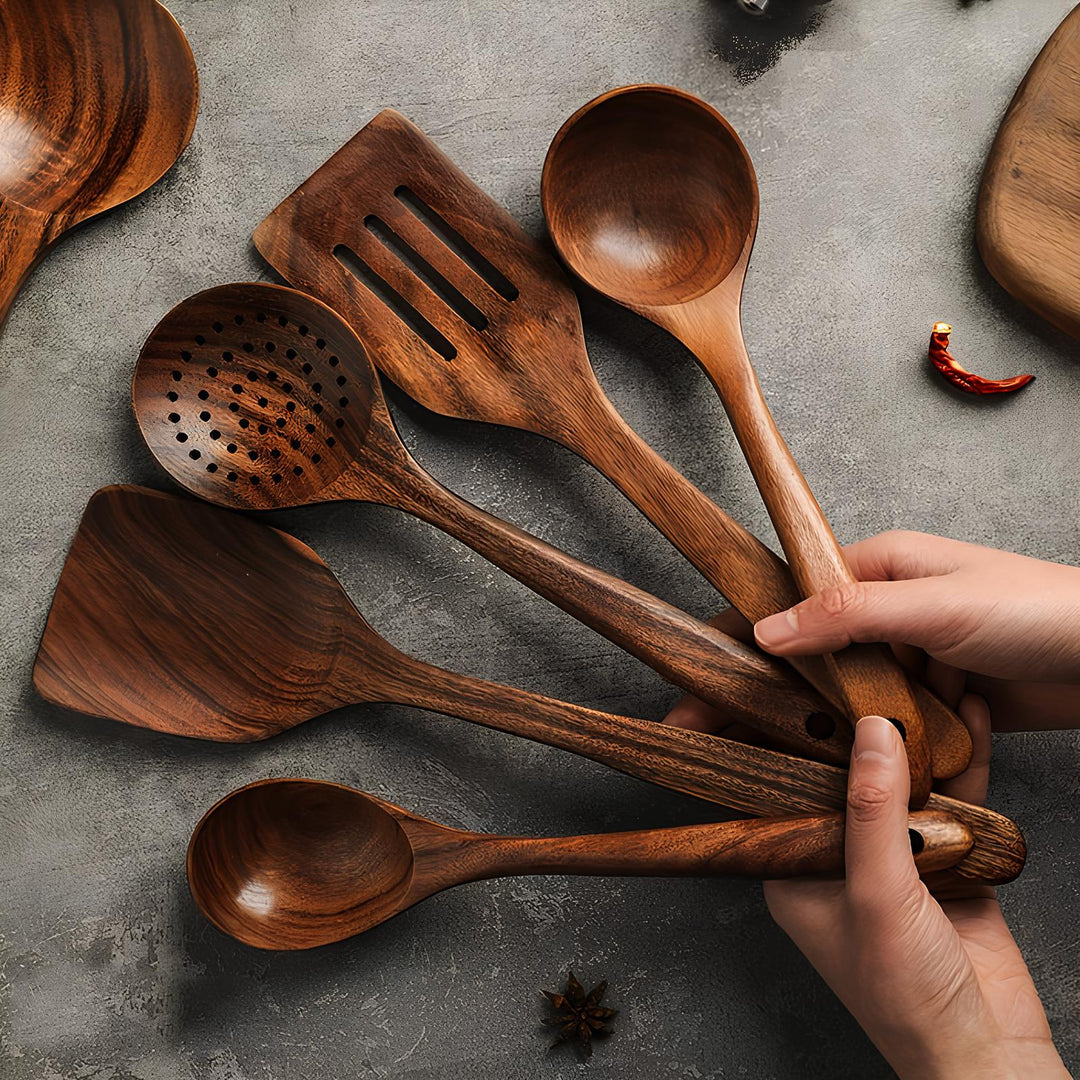 Luxury 5-Piece Kitchen Utensil Set Made of Natural Teak Wood – Heat Resistant and Scratch Free | Stornfield