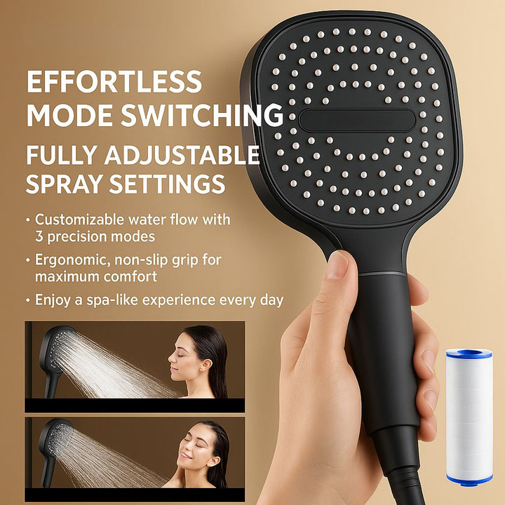 High-pressure filtered showerhead with turbo boost and 3 spray modes