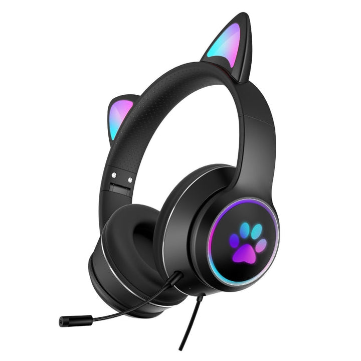 Stornfield | AKZ-022 USB + Port 3.5mm Design Oreilles de Chat Casque LED Pliable avec Microphone (Noir)