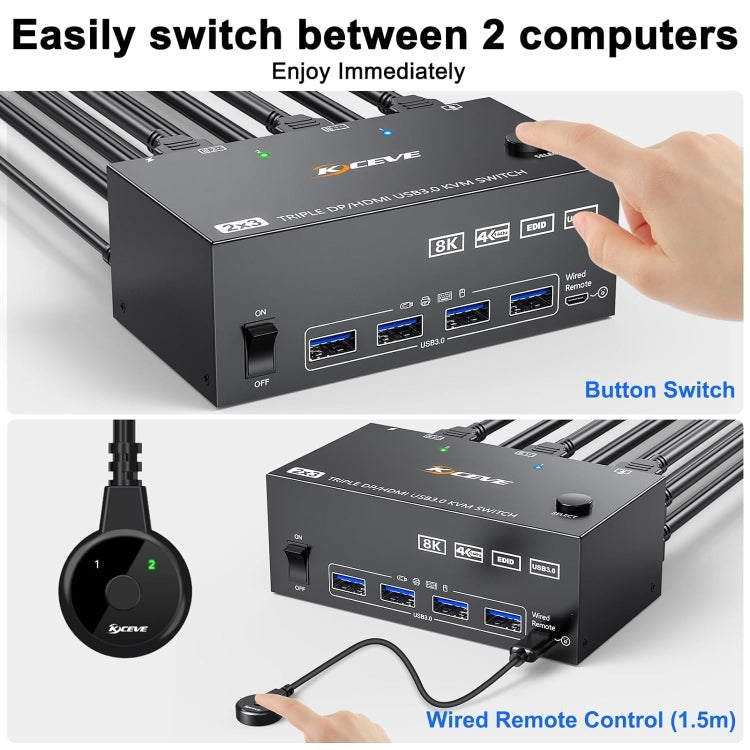 Stornfield | KC-KVM203DH 8K 30Hz USB3.0 DP+DP+HDMI Triple Monitor KVM Switch, AU Plug