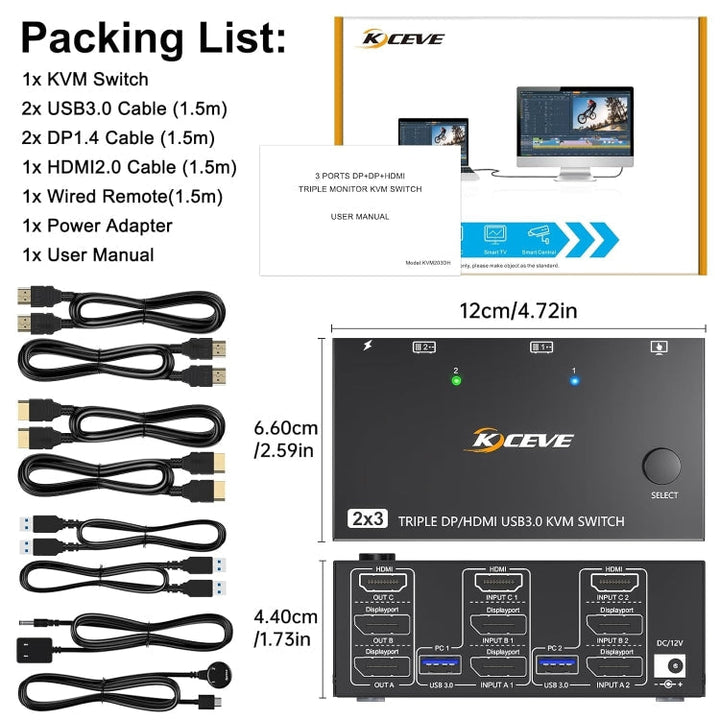 Stornfield | KC-KVM203DH 8K 30Hz USB3.0 DP+DP+HDMI Triple Monitor KVM Switch, EU Plug