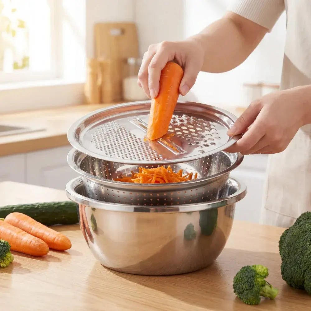 3-in-1 Mixing Bowl Set Stainless Steel with Grater and Sieve | Stornfield