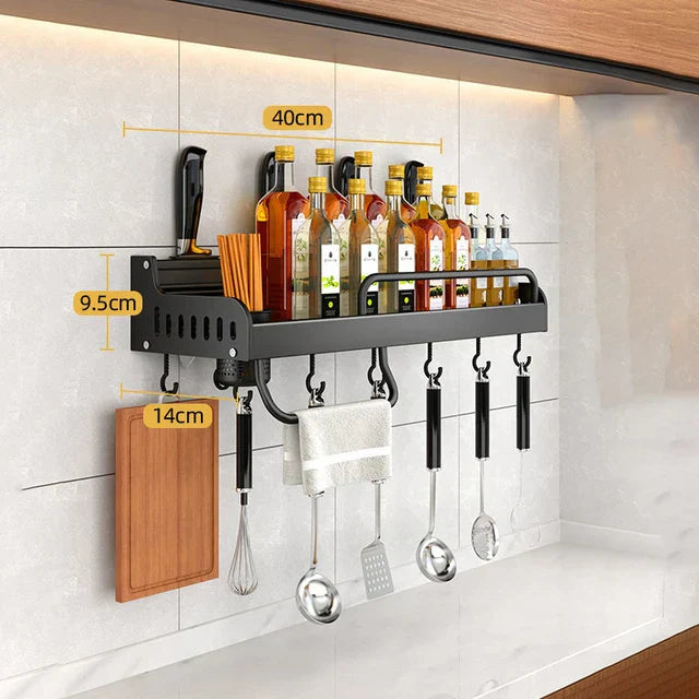 Stornfield | Stainless Steel Wall-Mounted Kitchen Shelf with Hooks and Knife Holder - Ideal for a Tidy Kitchen