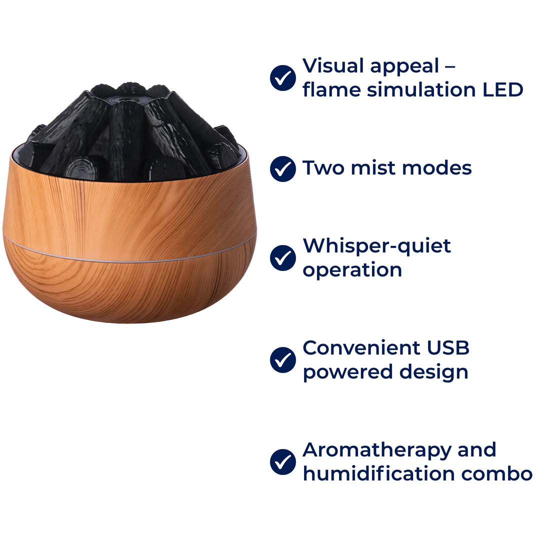 FlameMist | Essential Oil Diffuser – LED Flame – Two Mist Modes – Silent USB Design – Home Relaxation Bowl