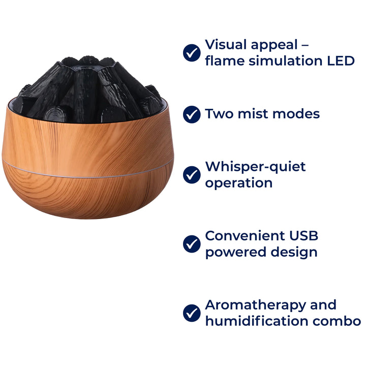 FlameMist | Essential Oil Diffuser – LED Flame – Two Mist Modes – Silent USB Design – Home Relaxation Bowl