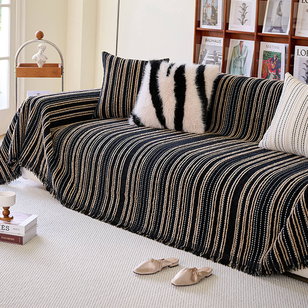 All-Season Striped Tassels Chenille Durable Couch Cover | Stornfield