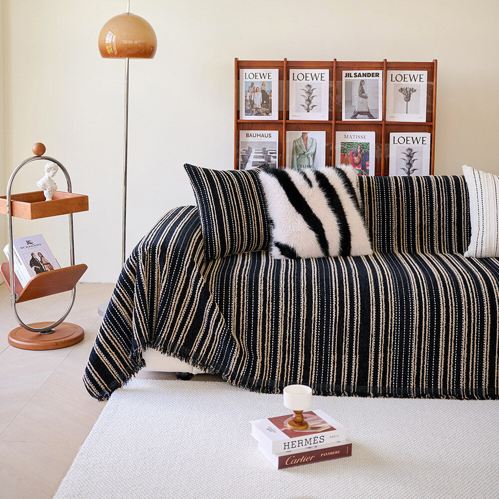 All-Season Striped Tassels Chenille Durable Couch Cover | Stornfield