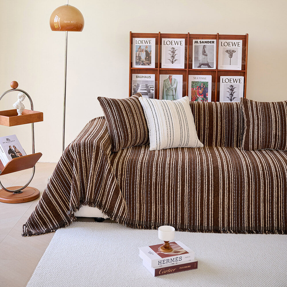 All-Season Striped Tassels Chenille Durable Couch Cover | Stornfield
