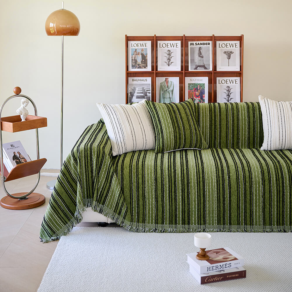 All-Season Striped Tassels Chenille Durable Couch Cover | Stornfield
