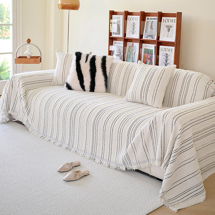 All-Season Striped Tassels Chenille Durable Couch Cover | Stornfield