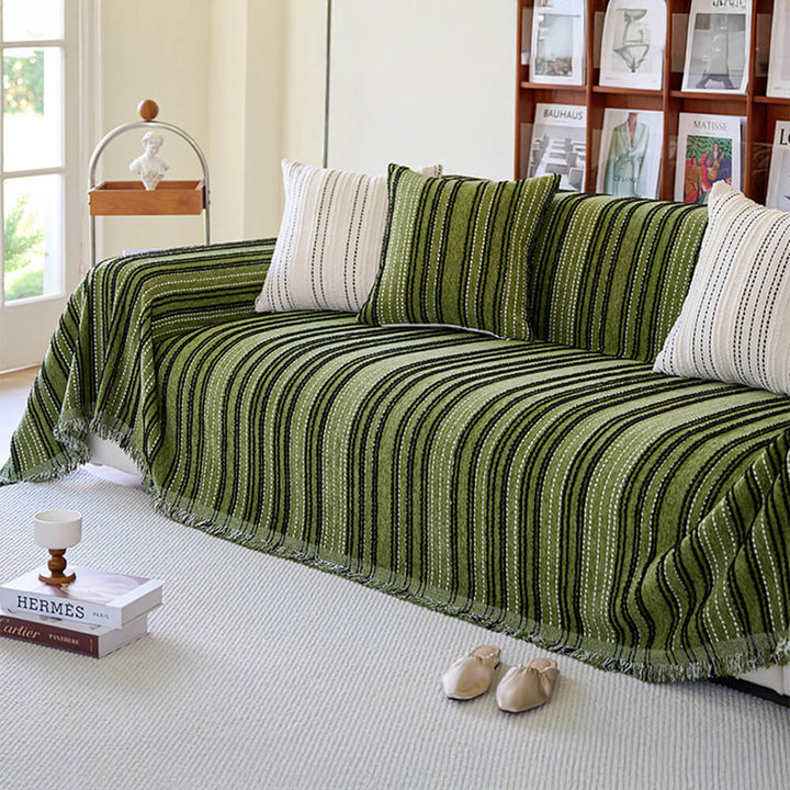 All-Season Striped Tassels Chenille Durable Couch Cover | Stornfield