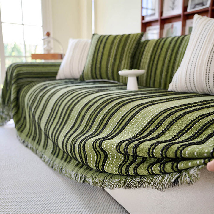 All-Season Striped Tassels Chenille Durable Couch Cover | Stornfield