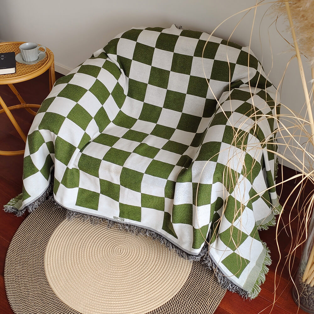 Color Block Checkerboard Fringe Trim Sofa Blanket Cover | Stornfield
