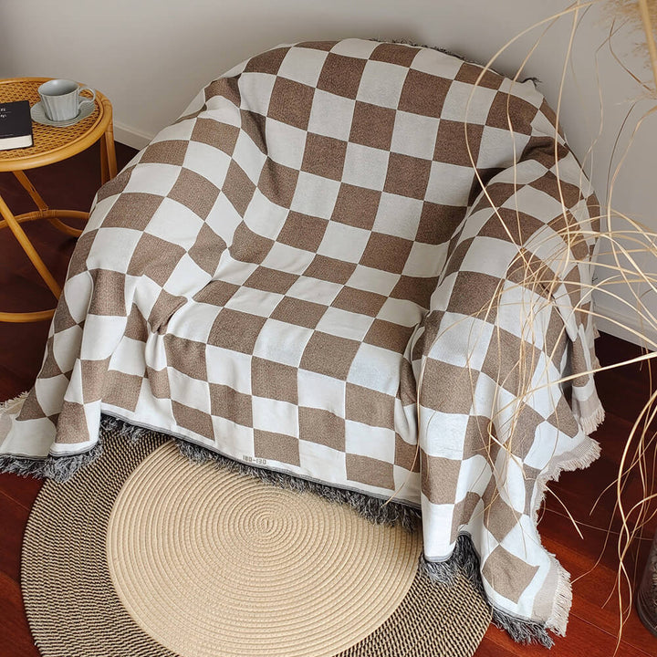 Color Block Checkerboard Fringe Trim Sofa Blanket Cover | Stornfield