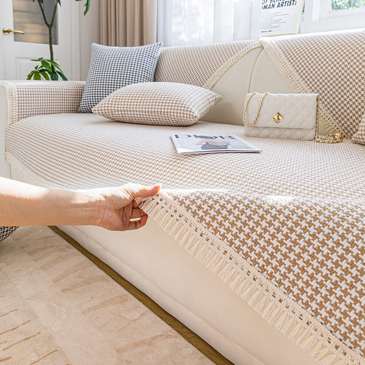 Houndstooth Pattern Elegant Fringe Soft Cotton Linen Couch Cover | Stornfield