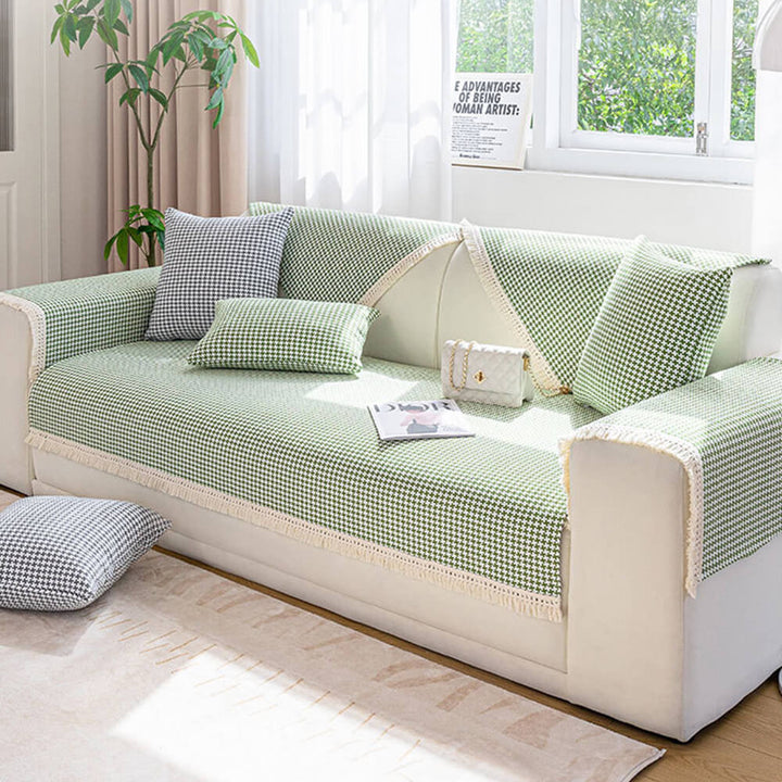 Houndstooth Pattern Elegant Fringe Soft Cotton Linen Couch Cover | Stornfield