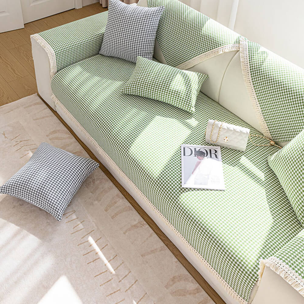 Houndstooth Pattern Elegant Fringe Soft Cotton Linen Couch Cover | Stornfield