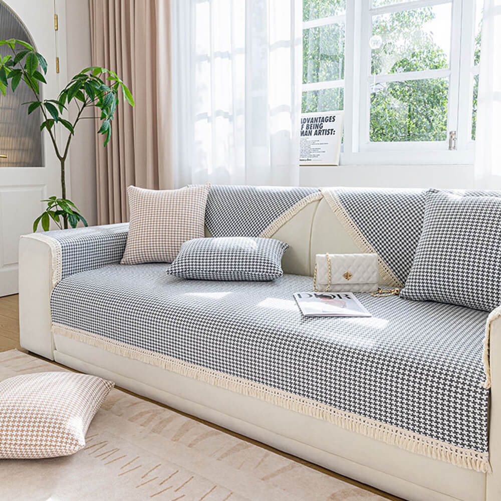 Houndstooth Pattern Elegant Fringe Soft Cotton Linen Couch Cover | Stornfield