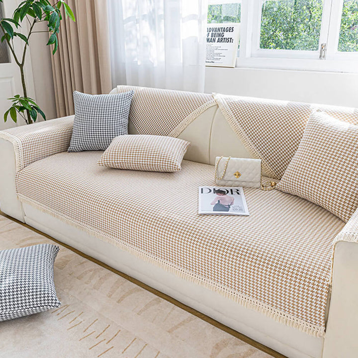 Houndstooth Pattern Elegant Fringe Soft Cotton Linen Couch Cover | Stornfield
