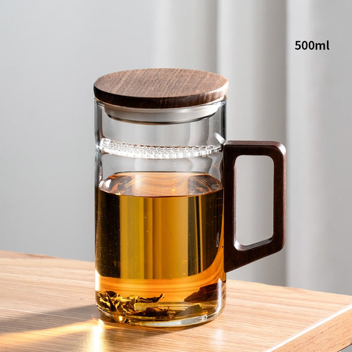 Stornfield | GIANXI Moon Tea Cup with Filter, Japanese Wooden Handle, Heat-Resistant Glass, Tea Leaf Separation, Tea Cup Set