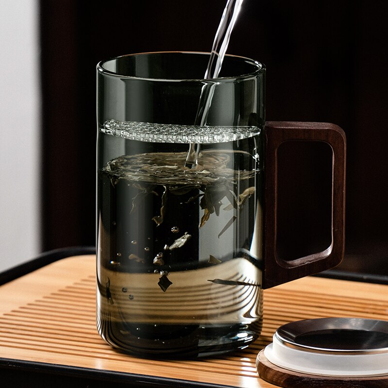 Stornfield | GIANXI Moon Tea Cup with Filter, Japanese Wooden Handle, Heat-Resistant Glass, Tea Leaf Separation, Tea Cup Set