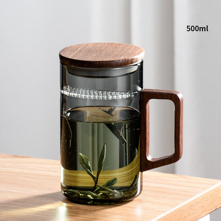Stornfield | GIANXI Moon Tea Cup with Filter, Japanese Wooden Handle, Heat-Resistant Glass, Tea Leaf Separation, Tea Cup Set
