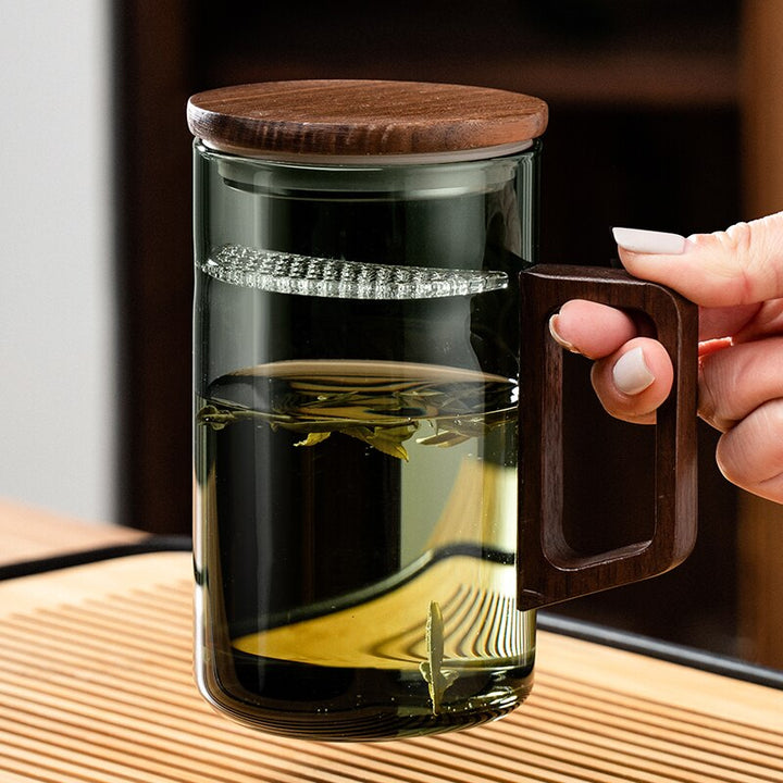 Stornfield | GIANXI Moon Tea Cup with Filter, Japanese Wooden Handle, Heat-Resistant Glass, Tea Leaf Separation, Tea Cup Set