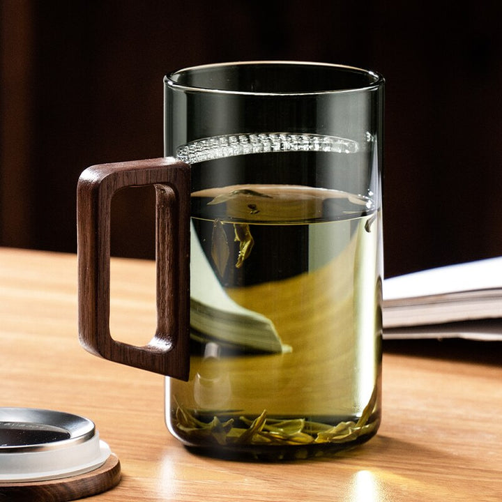 Stornfield | GIANXI Moon Tea Cup with Filter, Japanese Wooden Handle, Heat-Resistant Glass, Tea Leaf Separation, Tea Cup Set