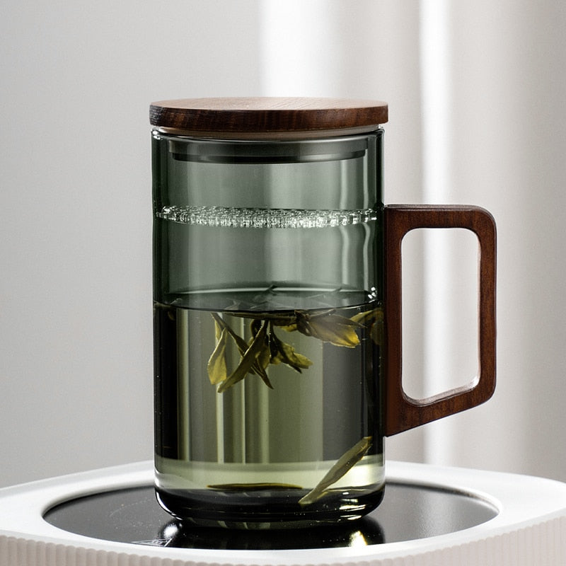 Stornfield | GIANXI Moon Tea Cup with Filter, Japanese Wooden Handle, Heat-Resistant Glass, Tea Leaf Separation, Tea Cup Set