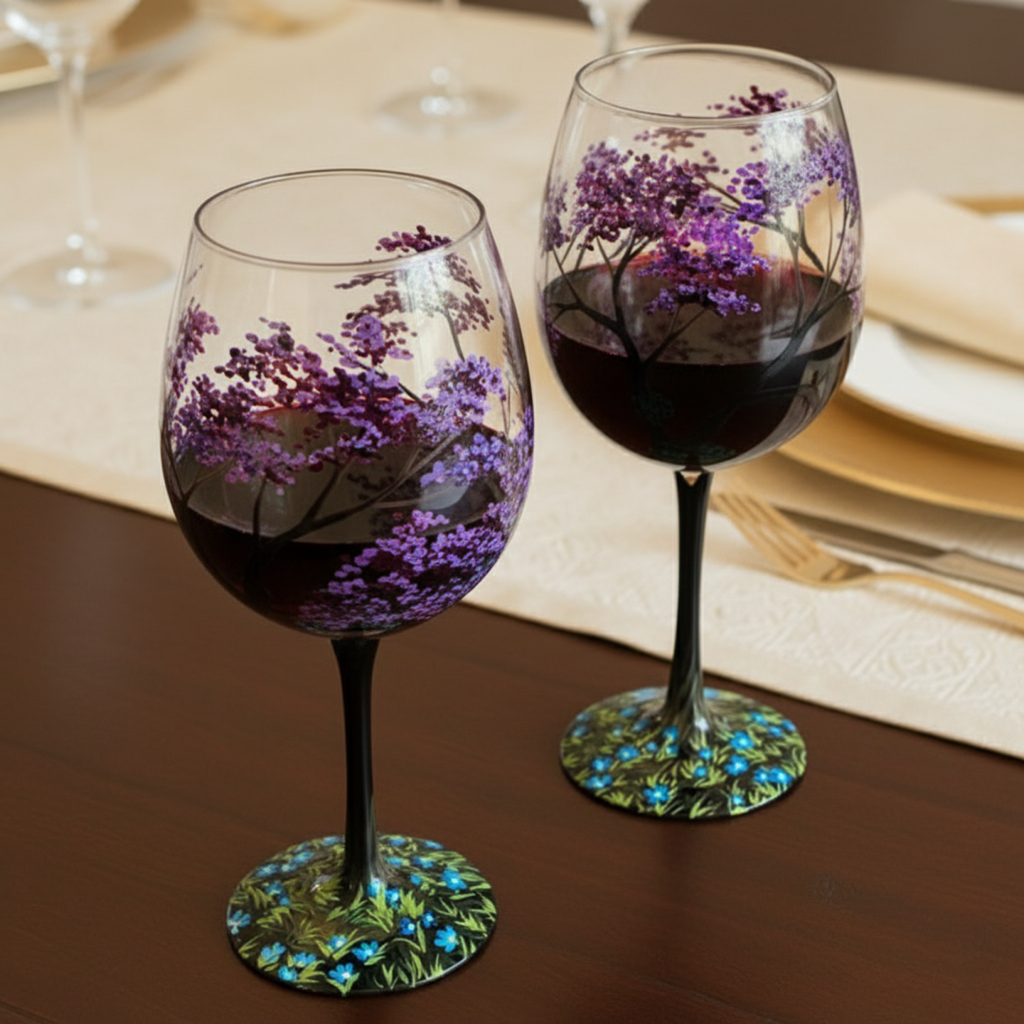 Stornfield | Hand Painted Four Seasons Tree Wine Glasses | Unique Art