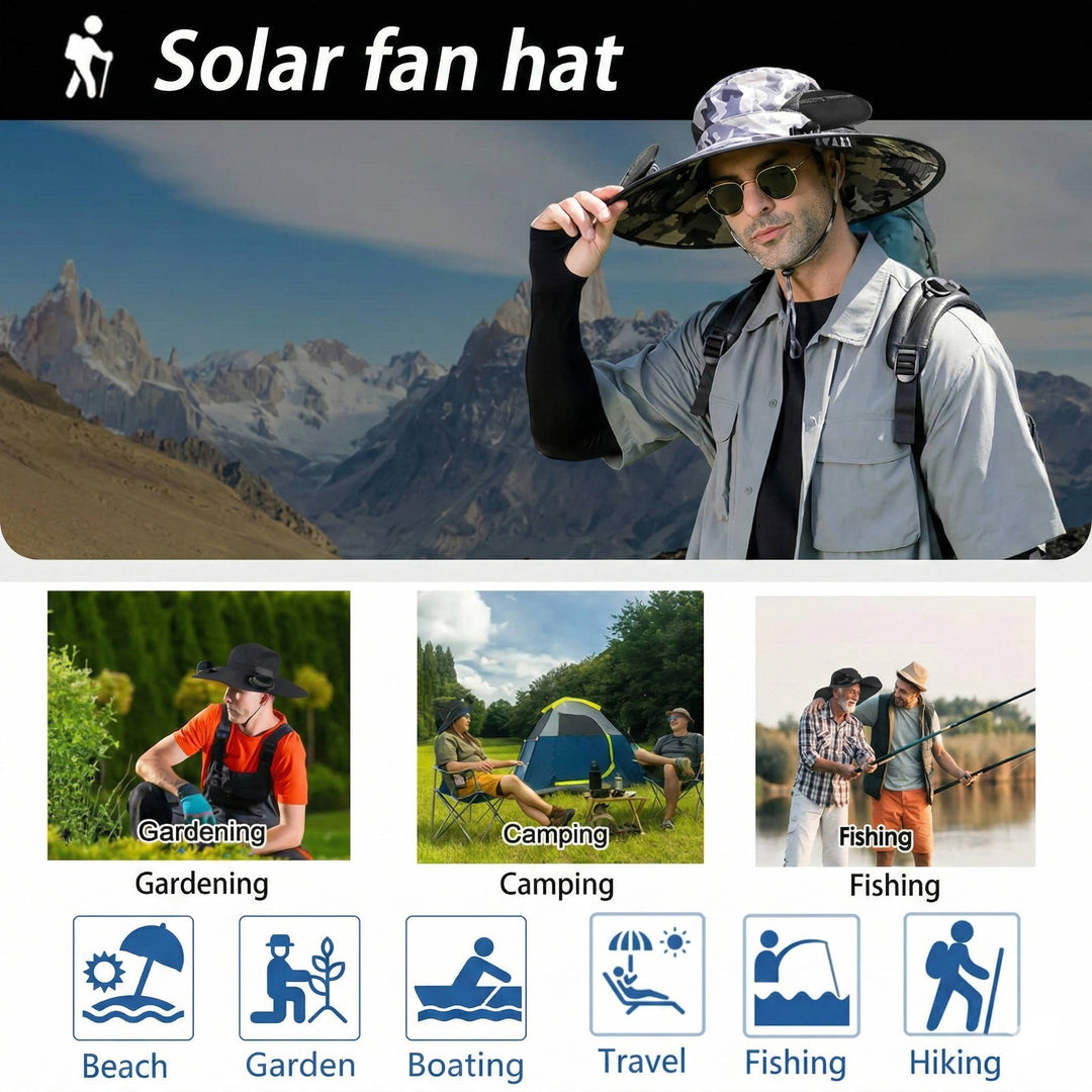 Outdoor Wide Brim Sun Hat with 2 Solar Fans, UV Protection for Men & Women, Cooling Hat for Camping & Hiking | Stornfield