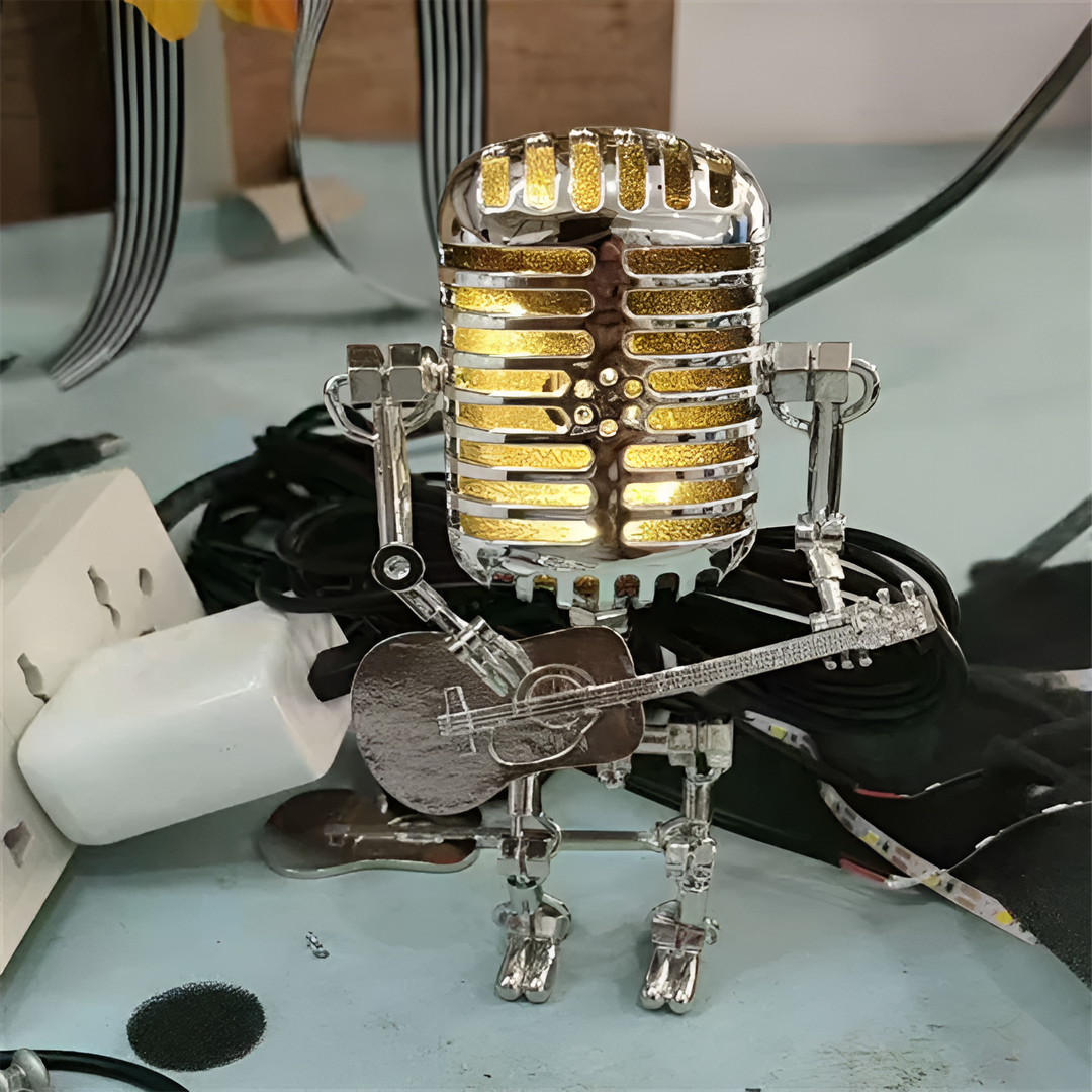 Robot table lamp with guitar – LED decor in vintage style for desk | Stornfield