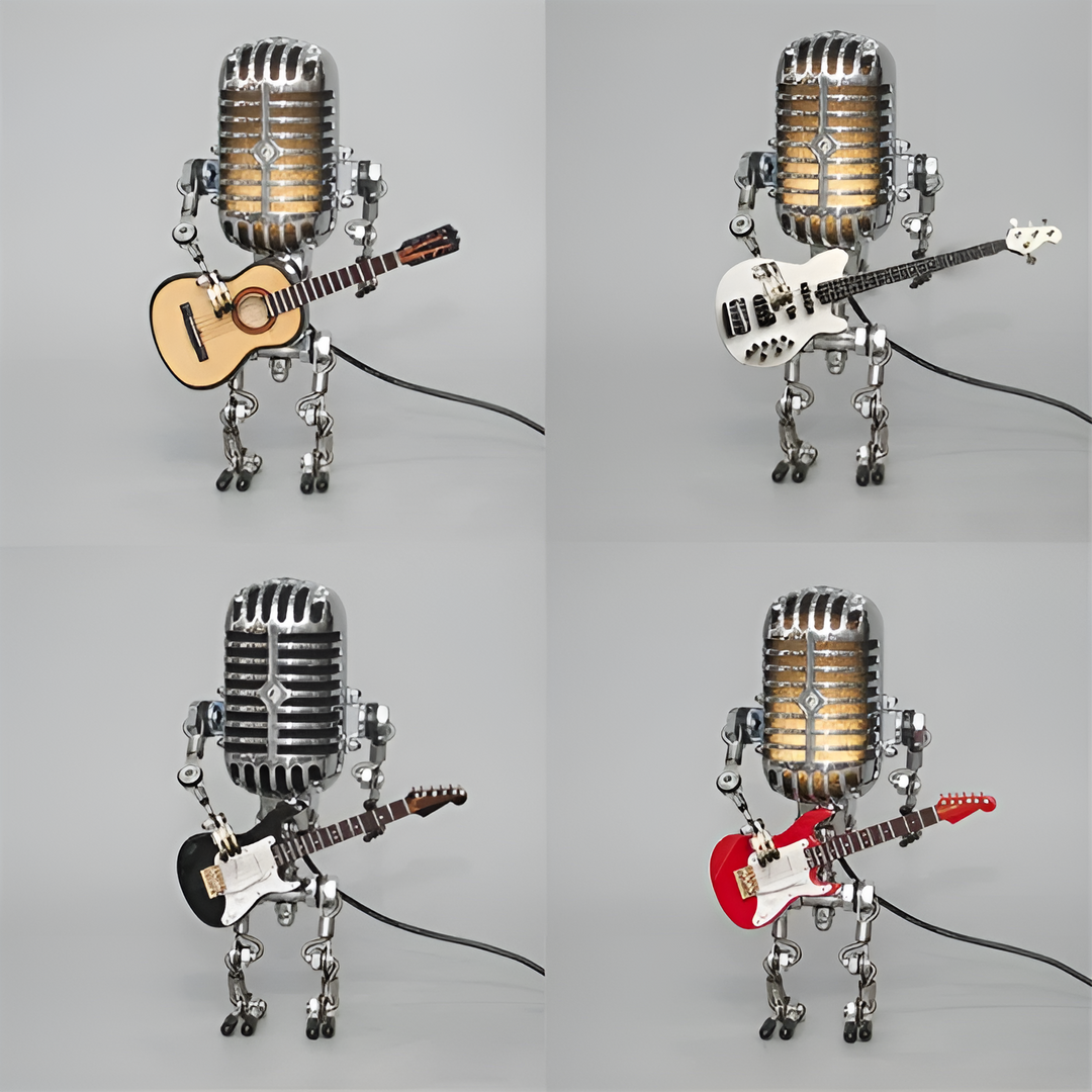 Robot table lamp with guitar – LED decor in vintage style for desk | Stornfield