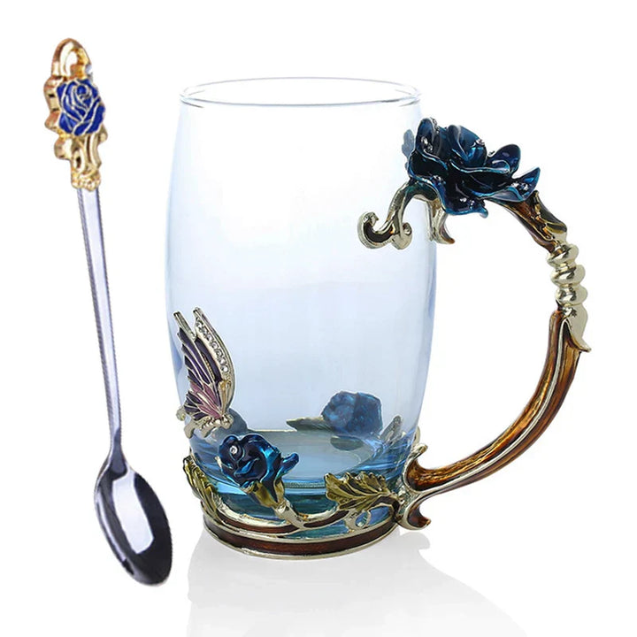 Stornfield | Handmade Enamel Coffee Mugs Rose-Glass Teacup with Stainless Spoon Unique Luxury Gifts for Wedding Valentine's Day Birthday Gifts