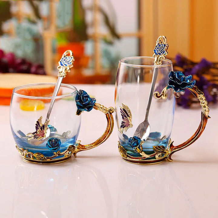 Stornfield | Handmade Enamel Coffee Mugs Rose-Glass Teacup with Stainless Spoon Unique Luxury Gifts for Wedding Valentine's Day Birthday Gifts