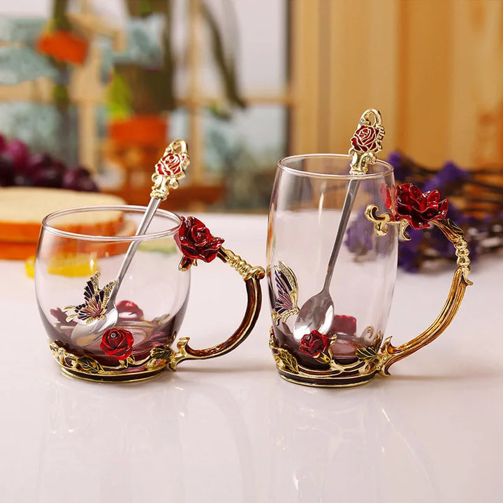 Stornfield | Handmade Enamel Coffee Mugs Rose-Glass Teacup with Stainless Spoon Unique Luxury Gifts for Wedding Valentine's Day Birthday Gifts