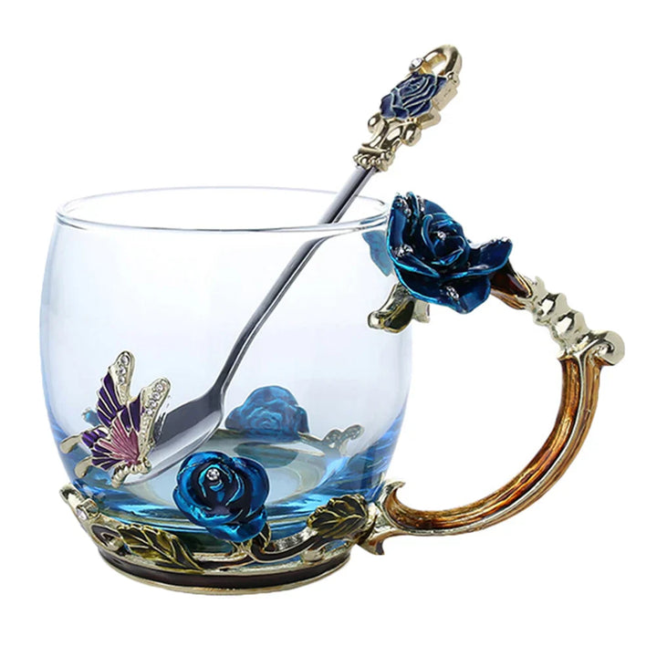 Stornfield | Handmade Enamel Coffee Mugs Rose-Glass Teacup with Stainless Spoon Unique Luxury Gifts for Wedding Valentine's Day Birthday Gifts