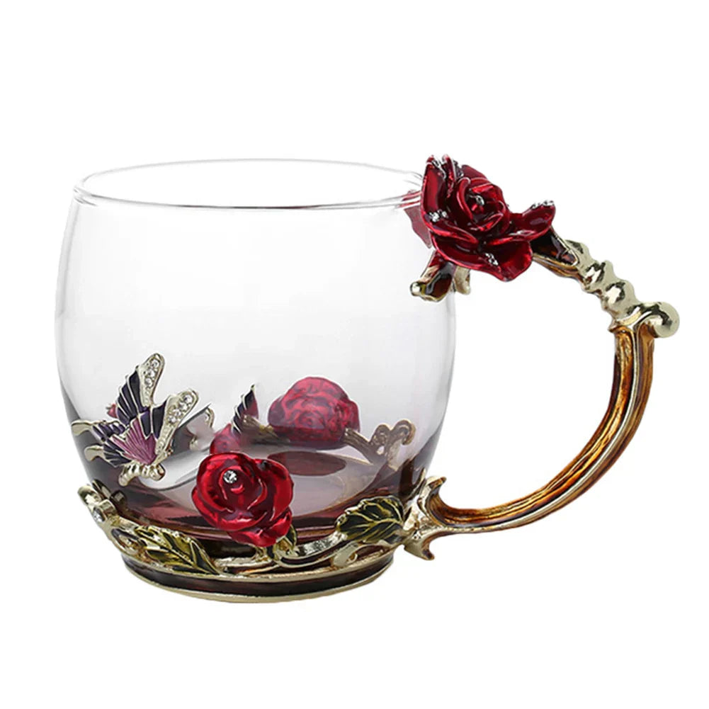 Stornfield | Handmade Enamel Coffee Mugs Rose-Glass Teacup with Stainless Spoon Unique Luxury Gifts for Wedding Valentine's Day Birthday Gifts