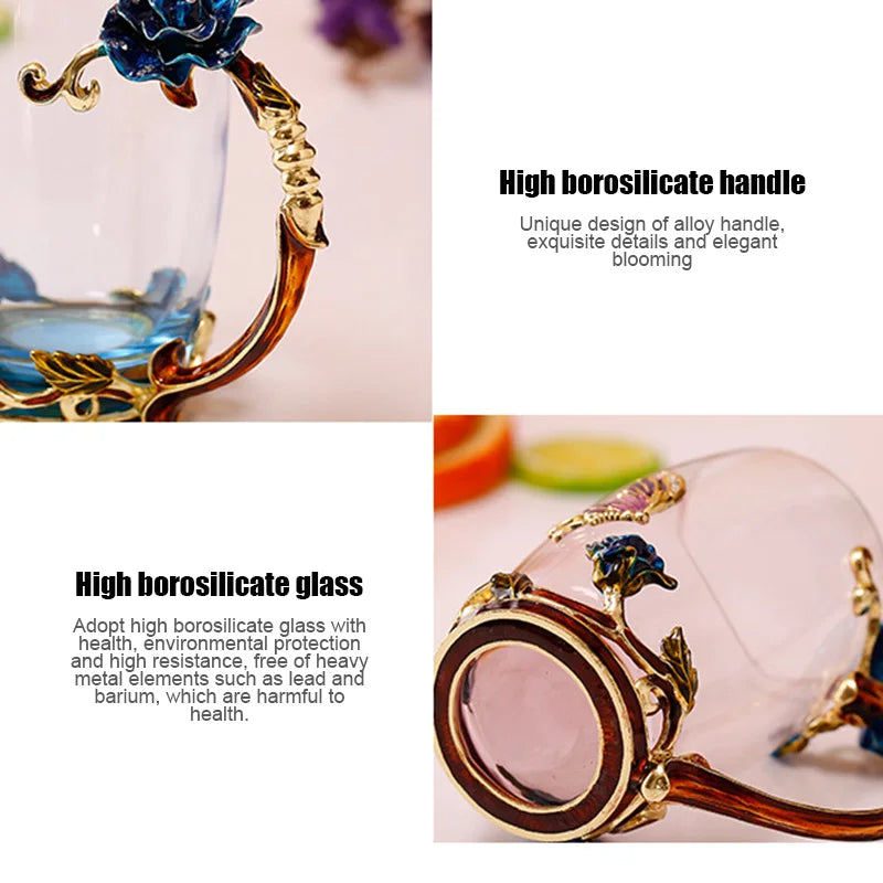 Stornfield | Handmade Enamel Coffee Mugs Rose-Glass Teacup with Stainless Spoon Unique Luxury Gifts for Wedding Valentine's Day Birthday Gifts