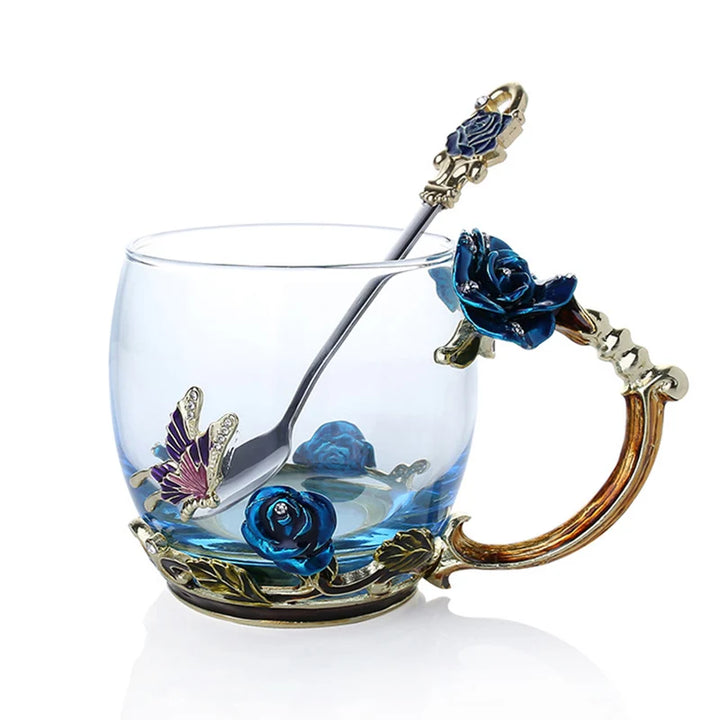 Stornfield | Handmade Enamel Coffee Mugs Rose-Glass Teacup with Stainless Spoon Unique Luxury Gifts for Wedding Valentine's Day Birthday Gifts