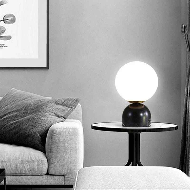 Modern Marble Table Lamp with Round Glass, Elegant Living Room Lighting | Stornfield