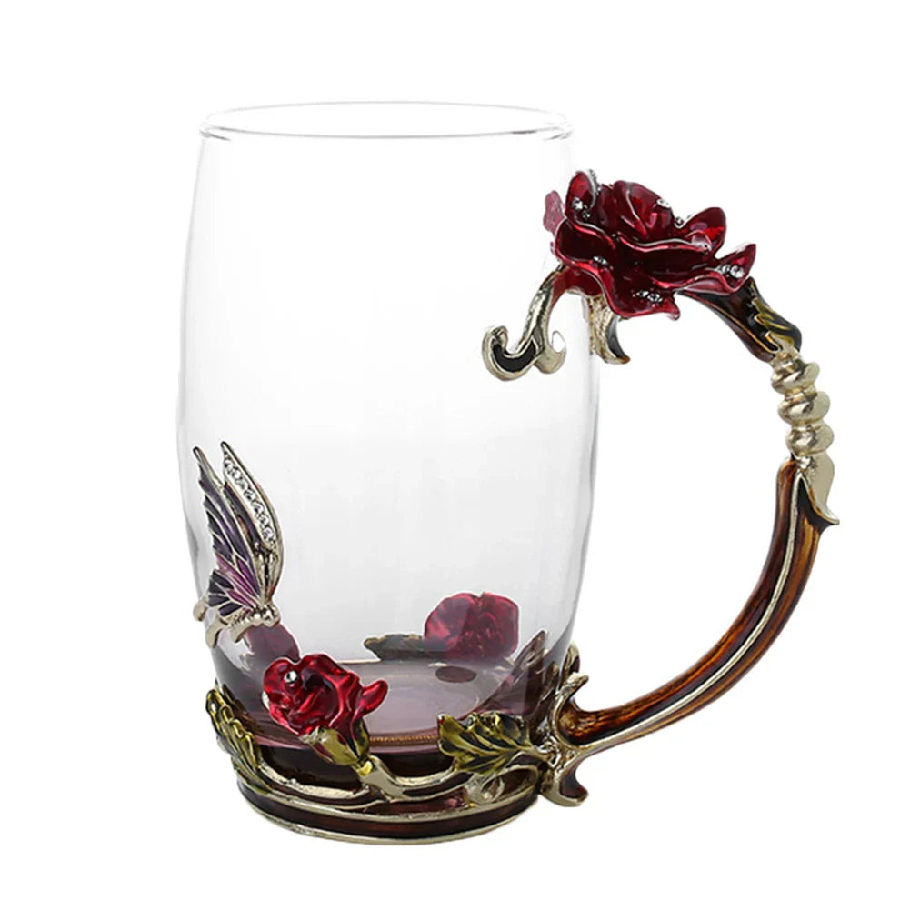 Stornfield | Handmade Enamel Coffee Mugs Rose-Glass Teacup with Stainless Spoon Unique Luxury Gifts for Wedding Valentine's Day Birthday Gifts
