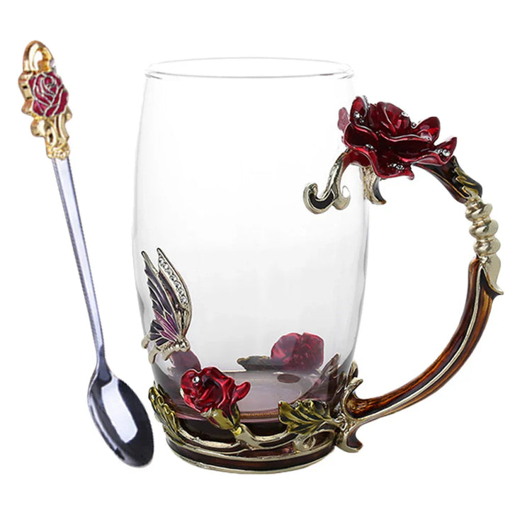 Stornfield | Handmade Enamel Coffee Mugs Rose-Glass Teacup with Stainless Spoon Unique Luxury Gifts for Wedding Valentine's Day Birthday Gifts