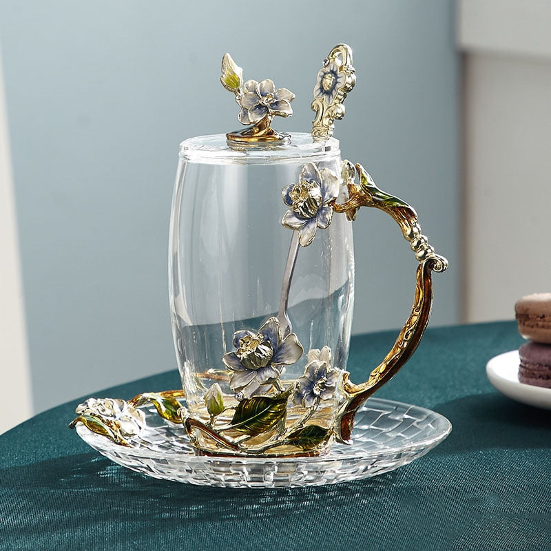 Stornfield | Hand-painted Enamel Flower Glass Mug for a Couple's Love Gift, can be used for coffee, scented tea, or even lemonade.