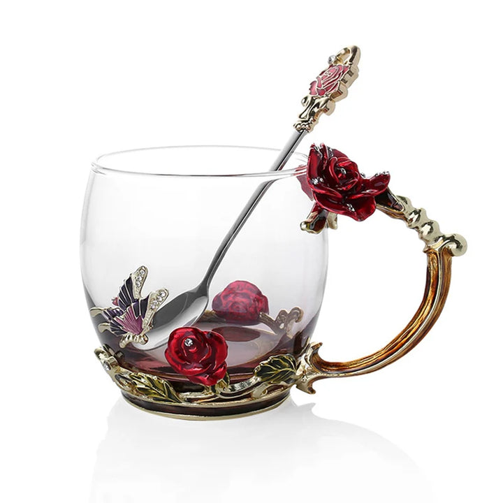 Stornfield | Handmade Enamel Coffee Mugs Rose-Glass Teacup with Stainless Spoon Unique Luxury Gifts for Wedding Valentine's Day Birthday Gifts