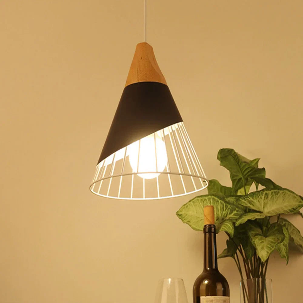 Vintage pendant light with cable – Industrial hanging lamp made of metal and wood | Stornfield