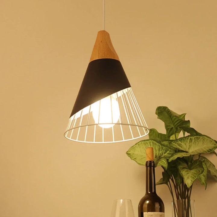 Vintage pendant light with cable – Industrial hanging lamp made of metal and wood | Stornfield